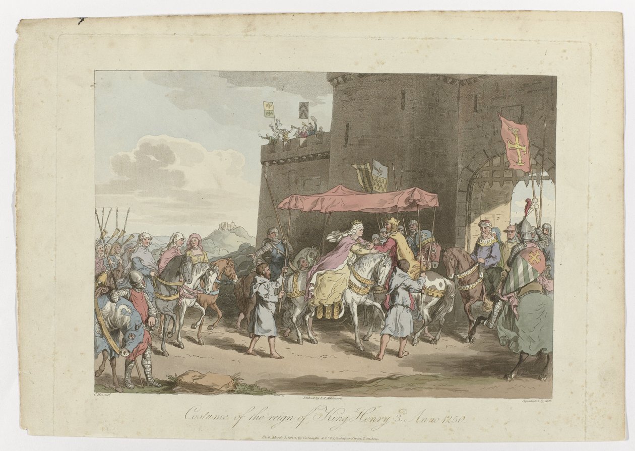 Kostyme for regjeringen til kong Henrik 3, Anno 1250, 1. mars 1814 av John Augustus Atkinson