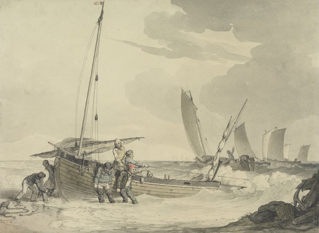 Fisherman putting out to Sea, ca. 1810 (wc med penn og blekk på papir) av John Augustus Atkinson