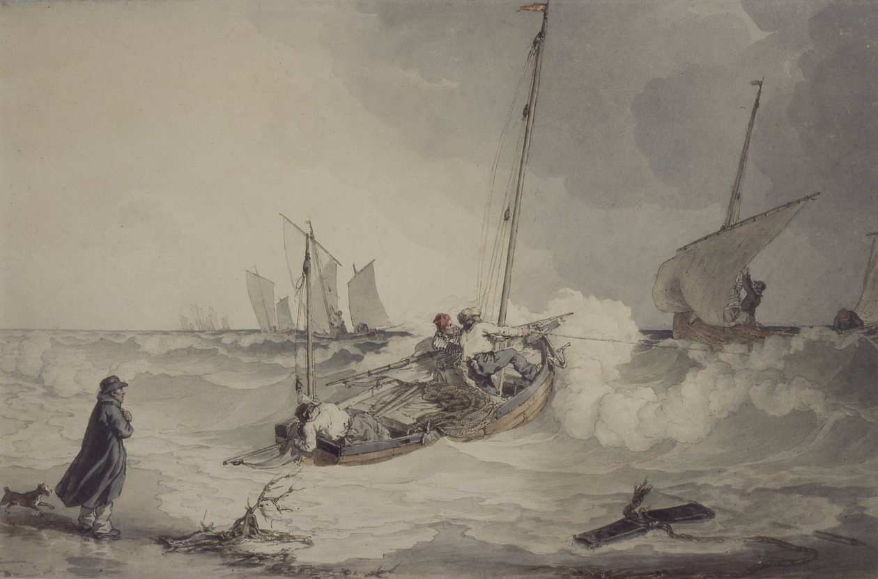 Fiskebåter på tur, akvarell av John Augustus Atkinson