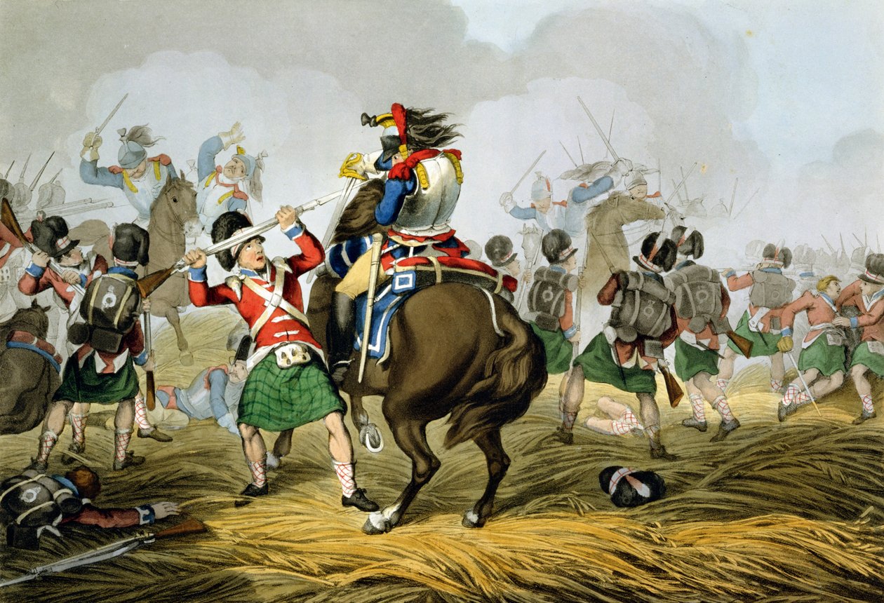 Franske Cuirassiers i slaget ved Waterloo, anklaget og beseiret av Highlanders og Scots Greys, gravert av Matthew Dubourg (fl.1813-20) fra 