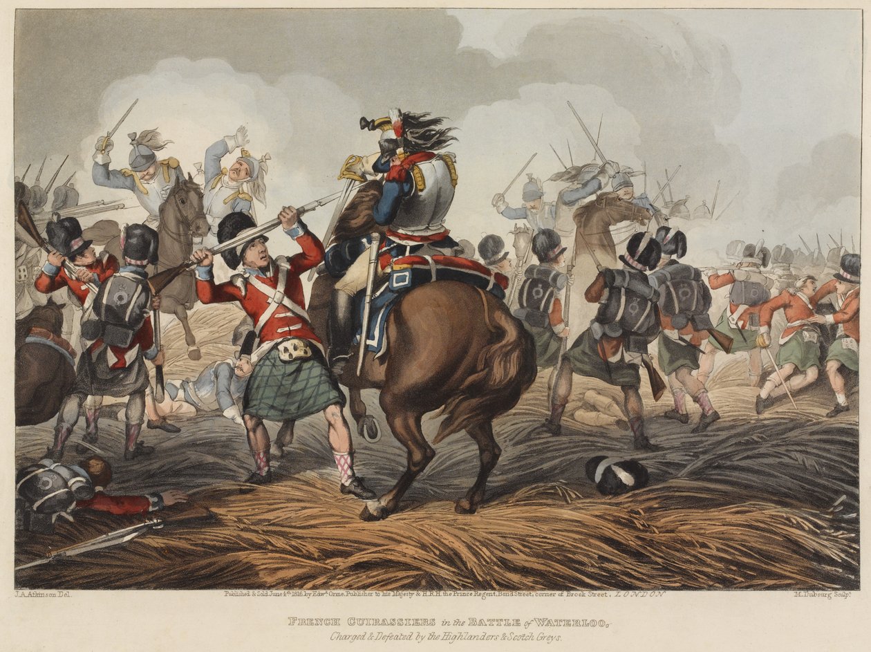 Franske Cuirassiers i slaget ved Waterloo anklaget og beseiret av Highlanders og Scotch Greys, gravert av M. Dubourg, 1819 (farget akvatint) av John Augustus Atkinson