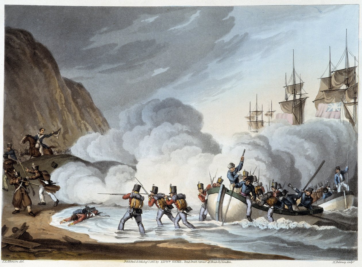 Landing of Troops, tidlig på 1800-tallet i "" Historiske, militære og sjøanekdoter ..." av Edward Orne av John Augustus Atkinson