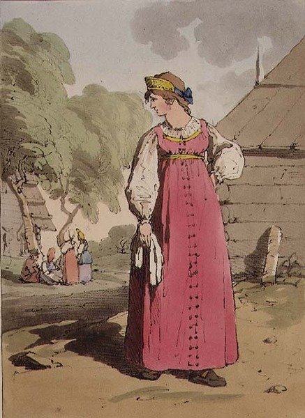 Bondepike, plate 27 fra bind I av "The Manners, Customs and Amusements of the Russians", gravert av kunstneren, pub. 1803 (akvatint) av John Augustus Atkinson