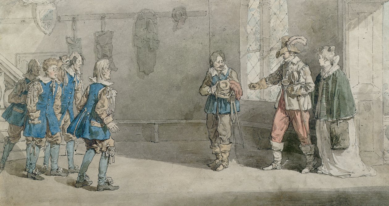 Petruchio, Katarina og tjenere i en scene fra 