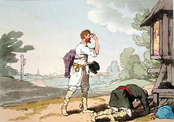 Pilegrimer, etset av kunstneren, utgitt 1804 (farge litho) av John Augustus Atkinson