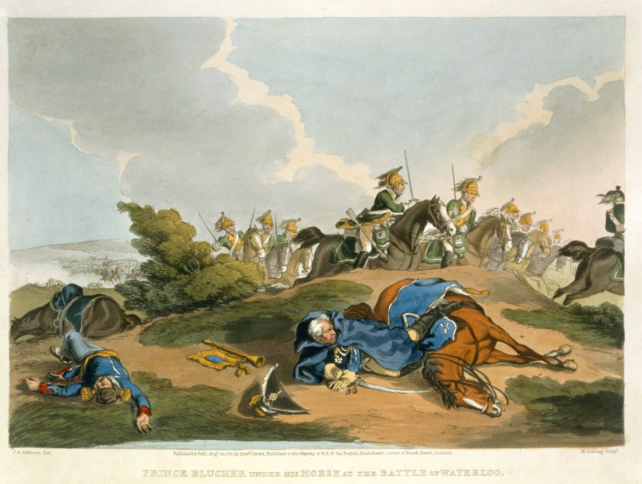 Prince Blucher under his Horse at the Battle of Waterloo, gravert av Matthew Dubourg (fl.1813-20) fra 