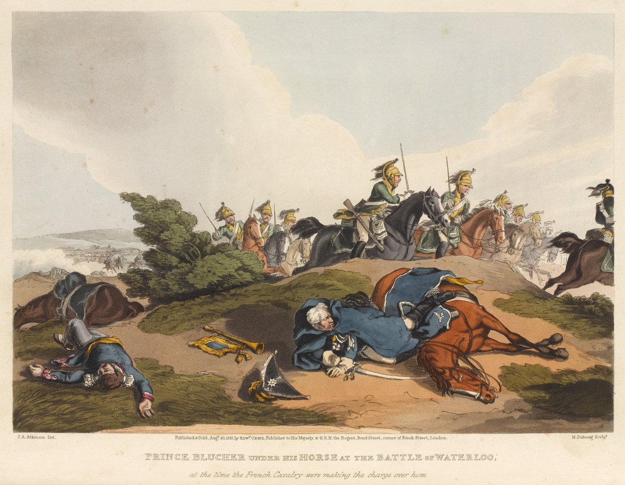 Prins Blucher under hesten sin i slaget ved Waterloo, på det tidspunktet det franske kavaleriet tok angrepet over ham, gravert av M. Dubourg, 1819 (farget akvatint) av John Augustus Atkinson