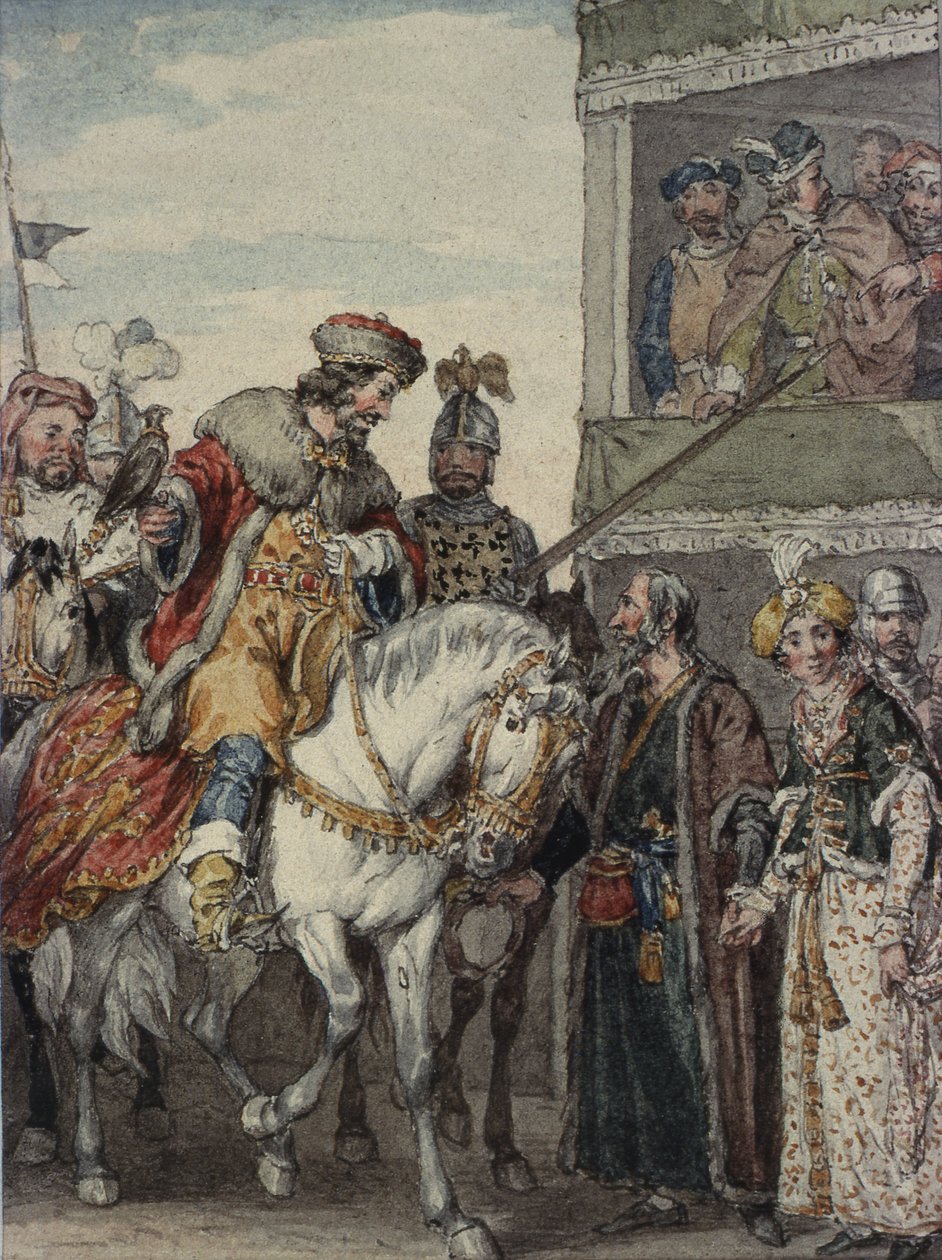 Prins John (1167-1216) og jøden Isaac ved våpenpassasjen ved Ashby av John Augustus Atkinson