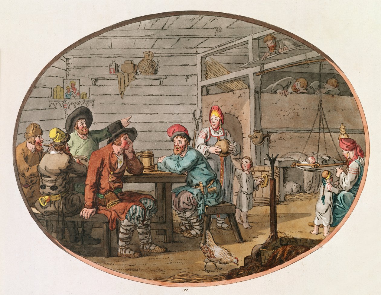 Russisk bondehytte, 1798 (håndfarget etsning) av John Augustus Atkinson