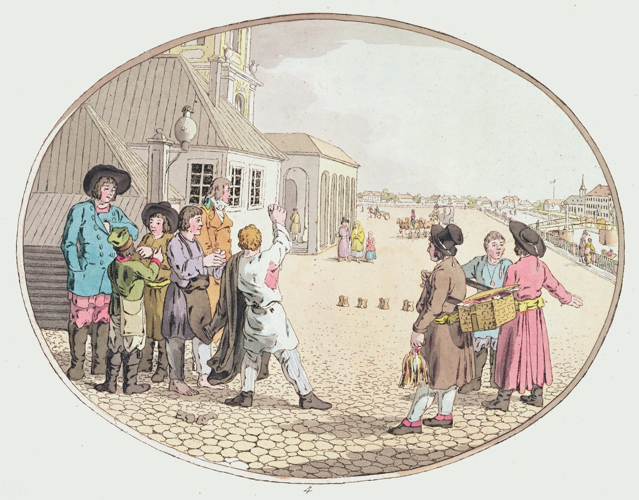 Russian Village Scene, tidlig på 1800-tallet (håndfarget etsning) av John Augustus Atkinson