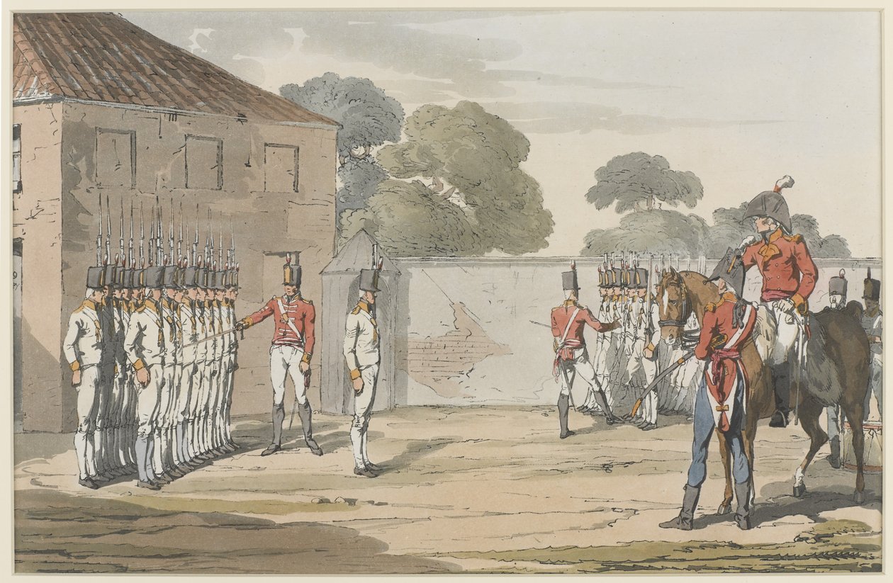 Soldiers Drilling, 1807 (farget akvatint med myk grunnetsing) av John Augustus Atkinson