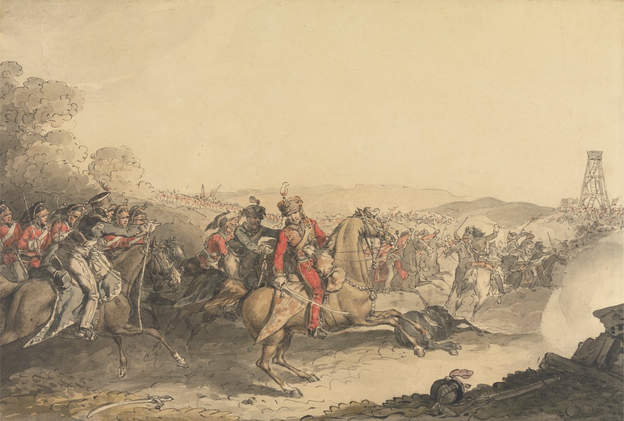 Markisen av Anglesea ble såret mens han ledet en ansats for tungt kavaleri ved slutten av slaget ved Waterloo av John Augustus Atkinson