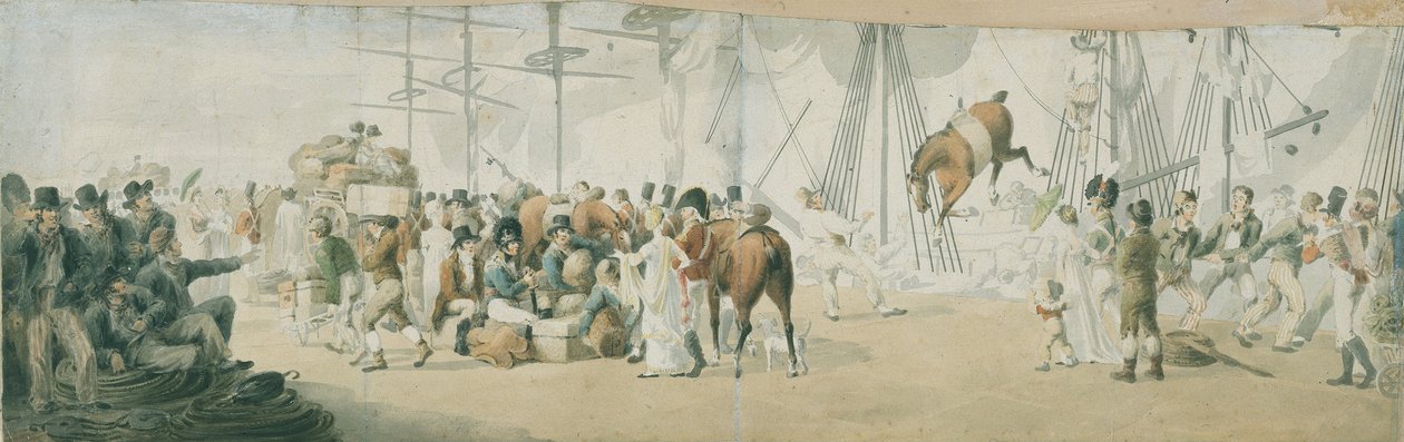 Ombordstigning av tropper og hester i Margate (England), rundt 1800. Akvarell (17,8x54 cm) av John Augustus Atkinson (1775-1833), tidlig på 1800-tallet. av John Augustus Atkinson