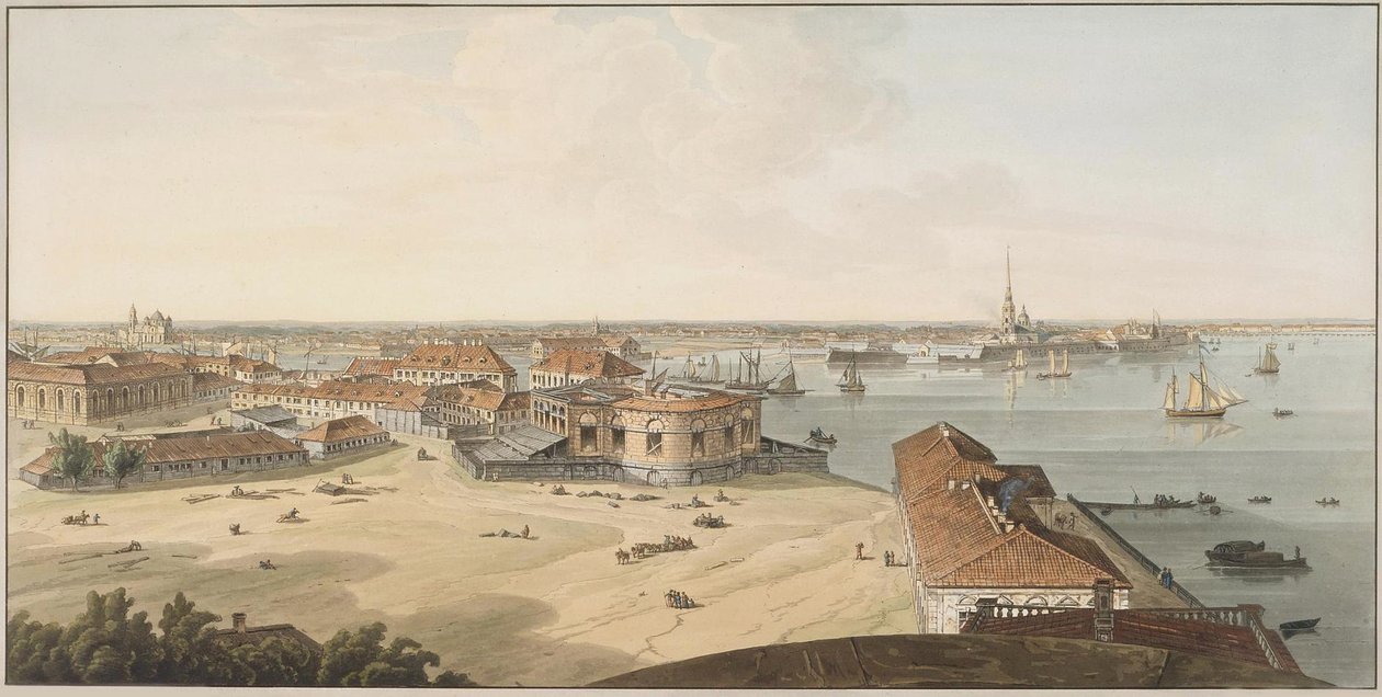 Utsikt til spyttet på Vasilyevsky Island og Peter og Paul festning, mellom 1802 og 1805 av John Augustus Atkinson