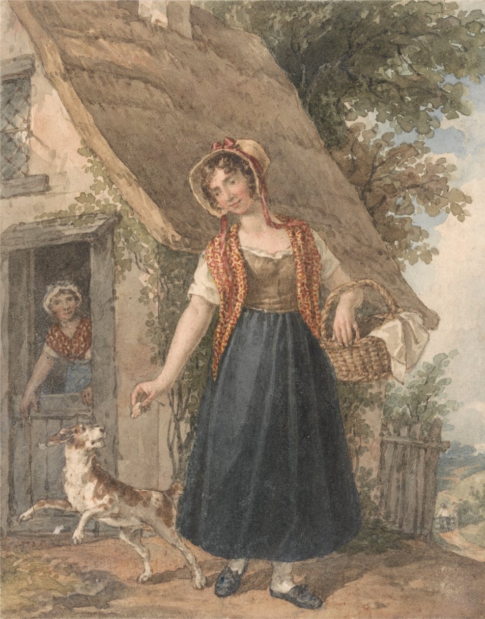 Ung kvinne med hund utenfor en hyttedør av John Augustus Atkinson