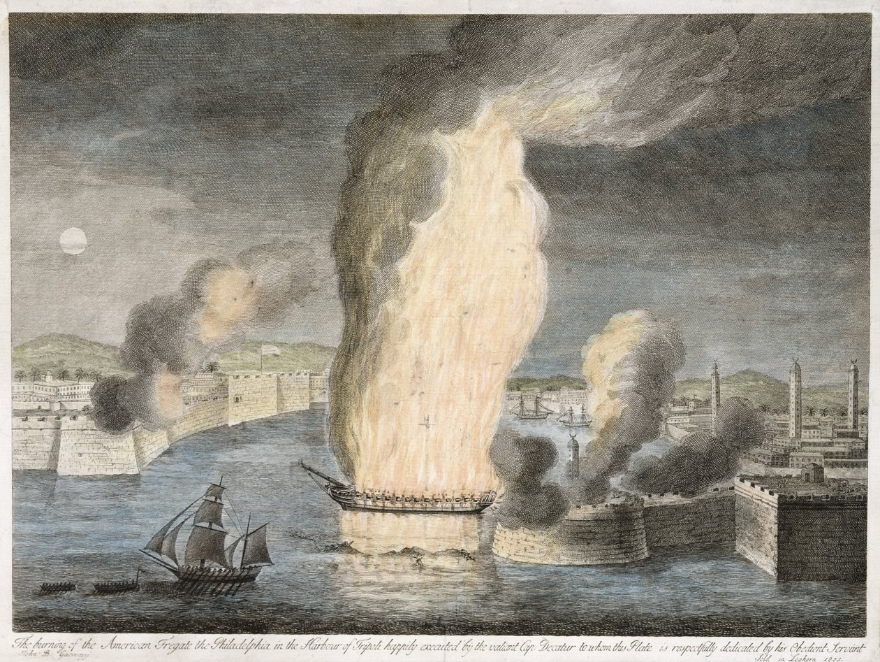 The Burning of the American Fregate [sic] Philadelphia i Tripoli havn, 1805 (håndfarget linjegravering på lagt papir) av John B. Guerazzi