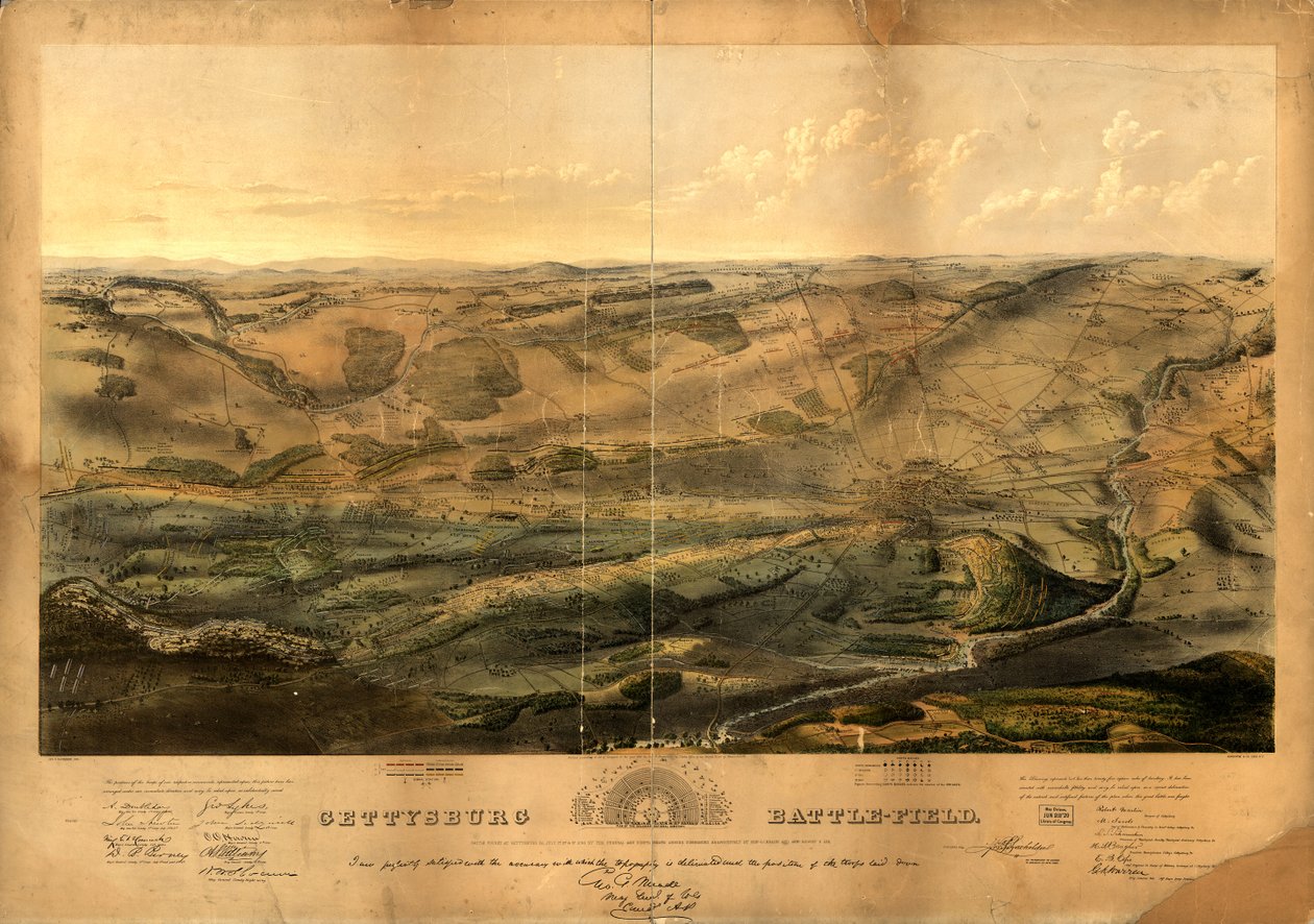 Gettysburg slagmark. Slaget utkjempet ved Gettysburg, Pa., 1., 2. og 3. juli 1863 av de føderale og konfødererte hærene, kommandert av henholdsvis Genl. G. G. Meade og Genl. Robert E. Lee av John Bachelder