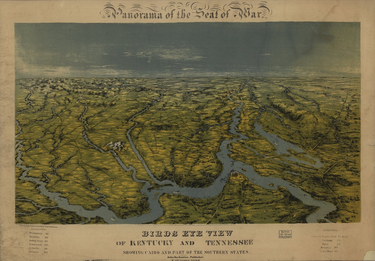 Fugleperspektiv av Kentucky og Tennessee som viser Kairo og deler av sørstatene. LOC 99447069 av John Bachmann