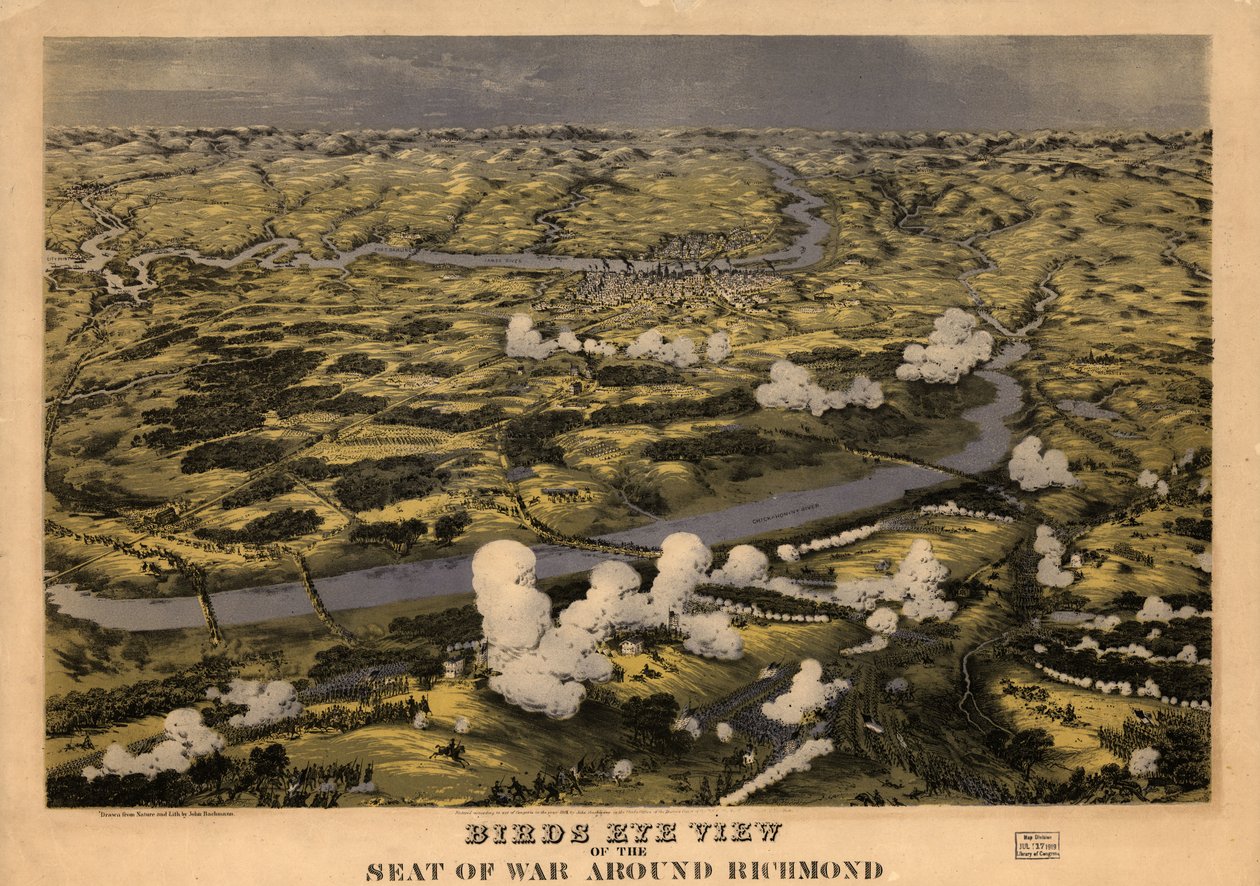 Fugleperspektiv av krigssetet rundt Richmond som viser slaget ved Chickahominy-elven, 29. juni 1862 LOC 99448489 av John Bachmann