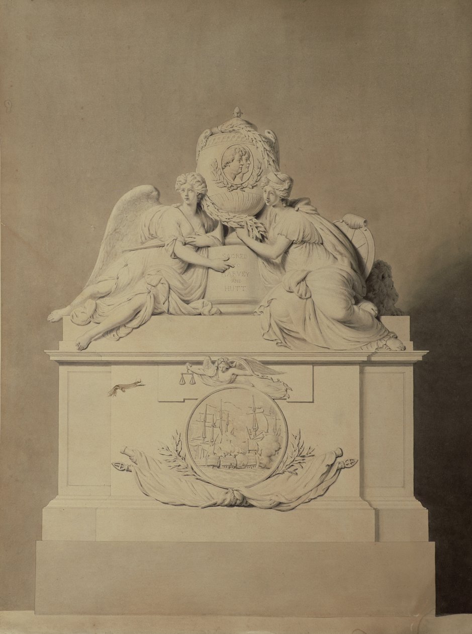 Design for monumentet til kapteinene Harvey og Hutt i Westminster Abbey, ca. 1804 av John Bacon