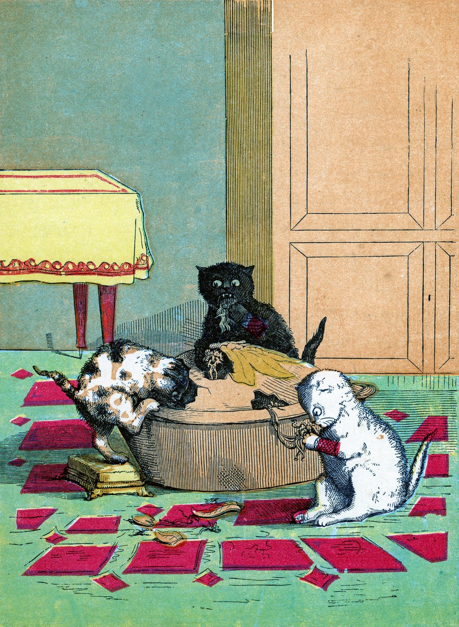 Tre små kattunger med votter og spiser en pai, Illustrasjon fra "Three Little Kittens" 1859 av John Ballantyne