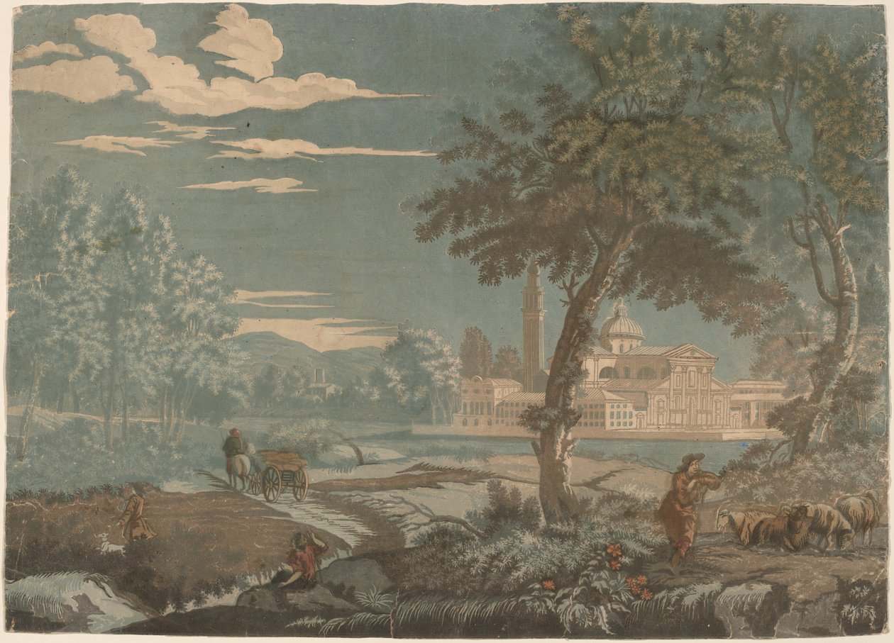 Heroisk landskap med vogn og geitegjerde, med San Giorgio Maggiore i bakgrunnen av John Baptist Jackson after Marco Ricci