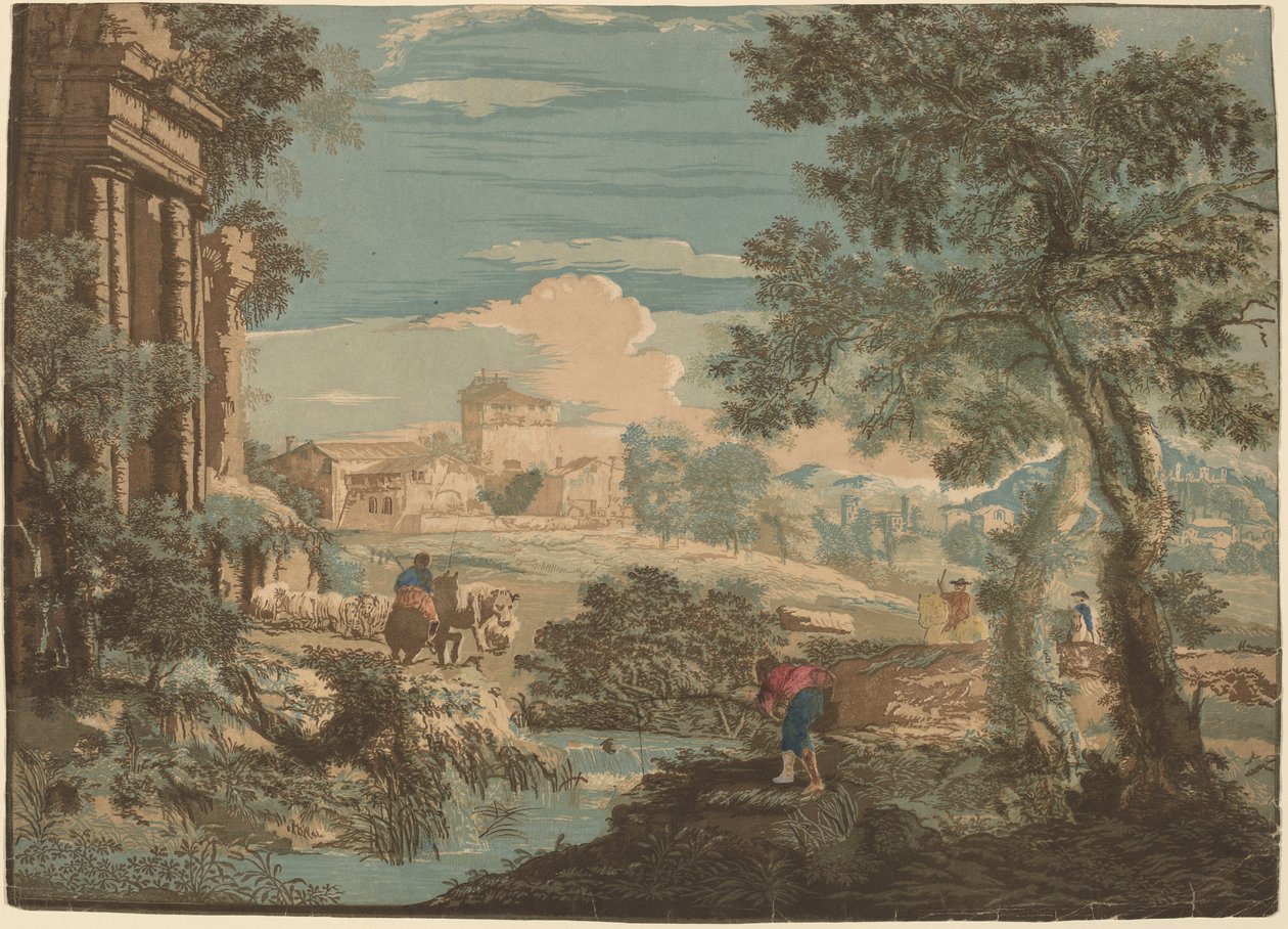 Heroisk landskap med fisker, kyr og ryttere av John Baptist Jackson after Marco Ricci