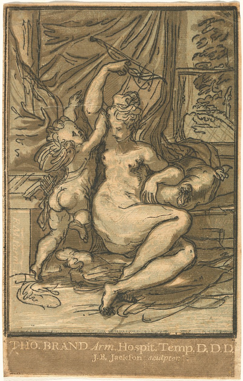 Venus og Amor med bue av John Baptist Jackson, after Parmigianino