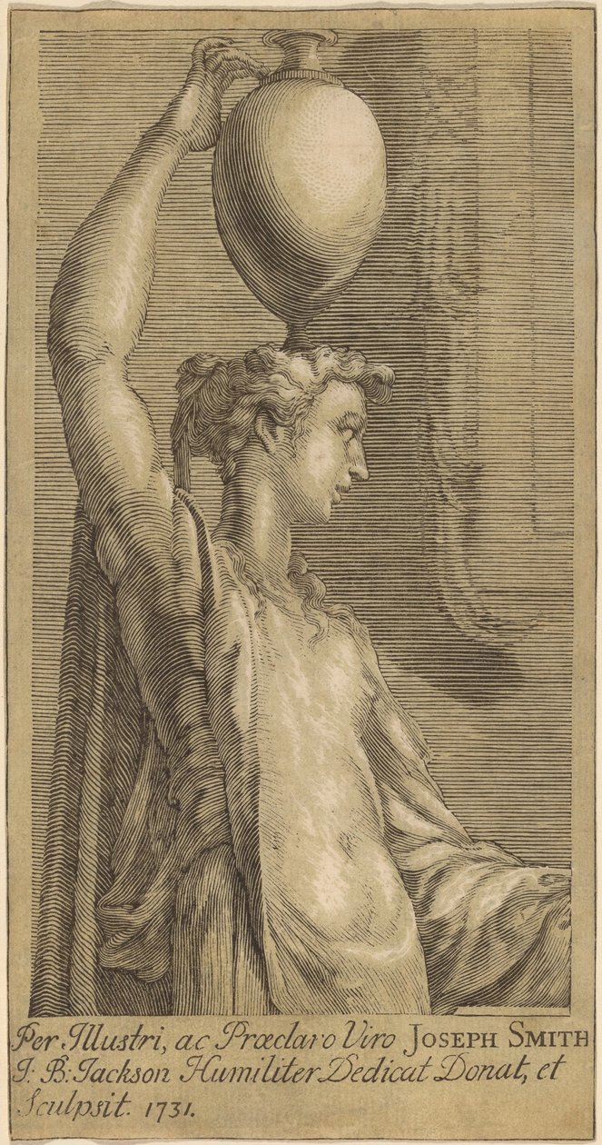 Kvinne som står og holder en krukke på hodet av John Baptist Jackson, after Parmigianino