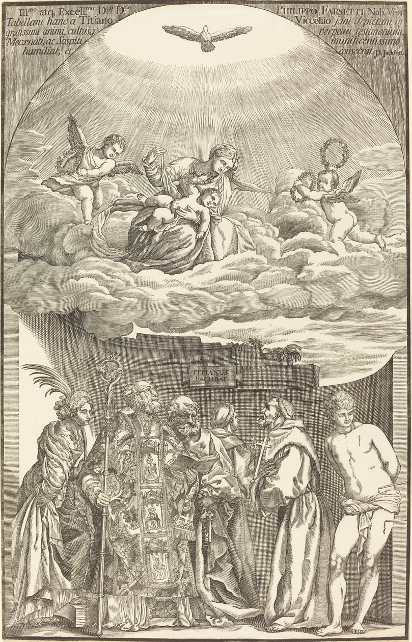 Jomfruen i skyer og seks hellige av John Baptist Jackson after Titian