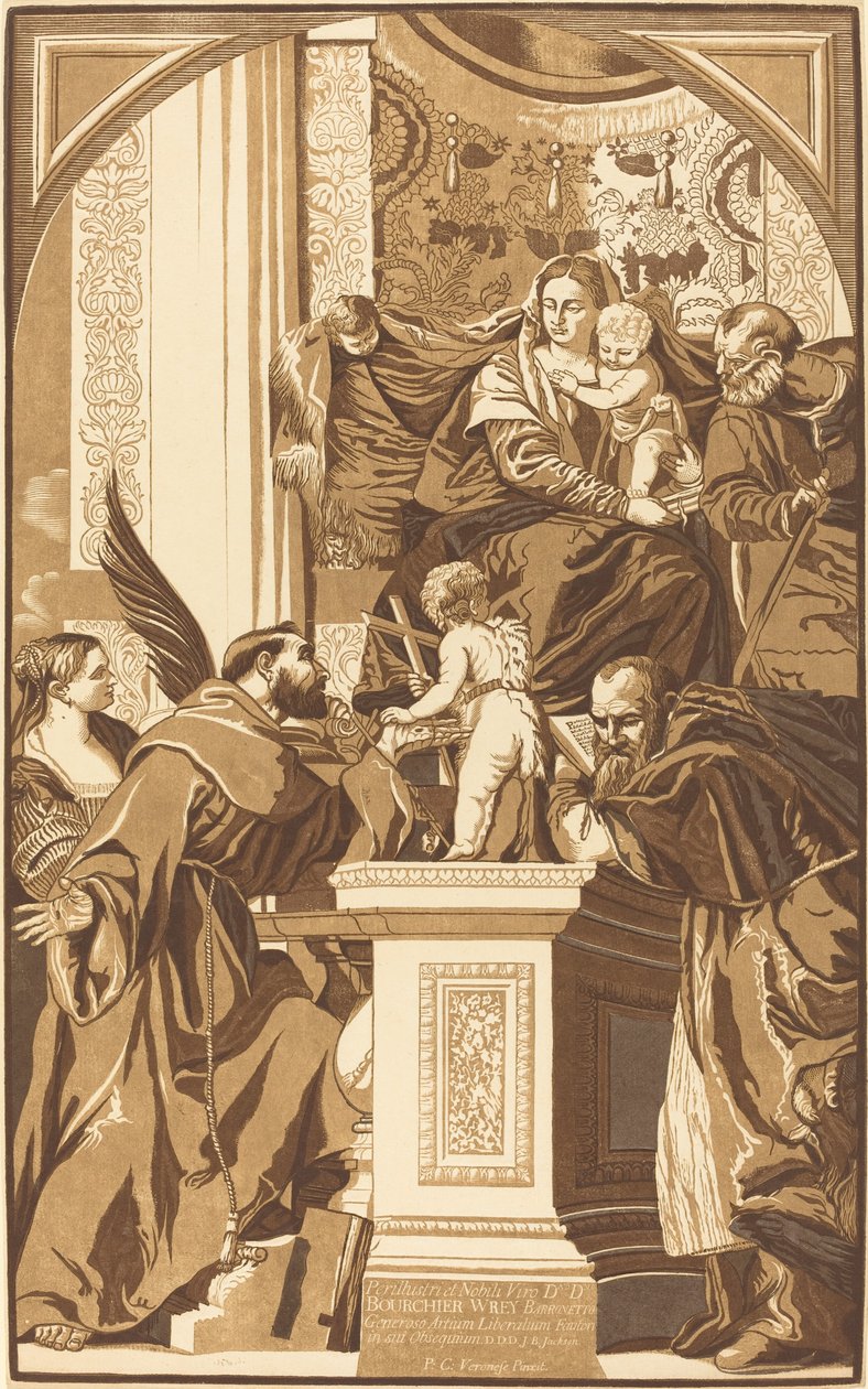 Hellige familie og fire hellige av John Baptist Jackson after Veronese