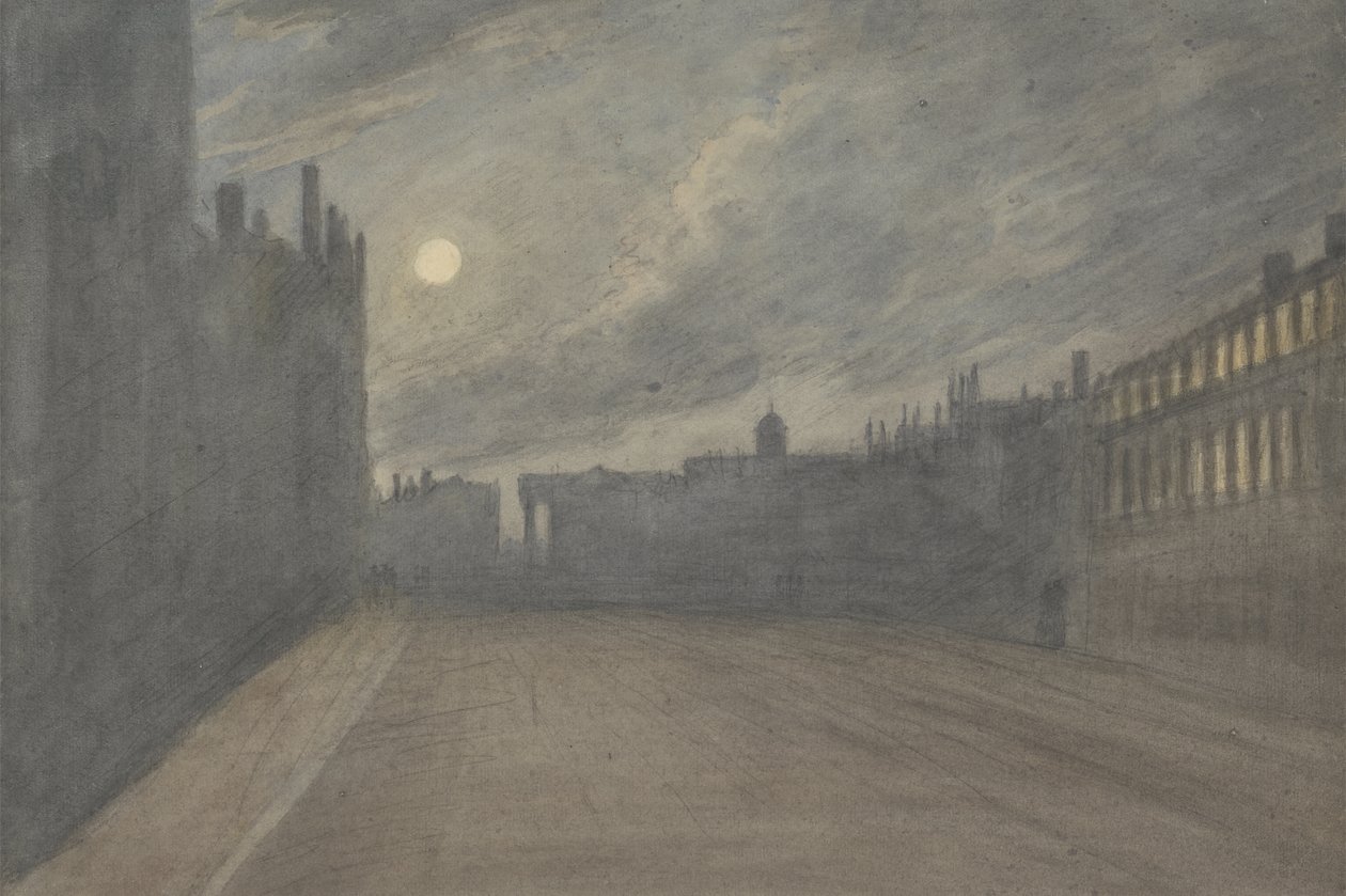 Broad Street, Oxford, fullmåne, 1790 (wc over kull og grafitt på papir) av John Baptist Malchair