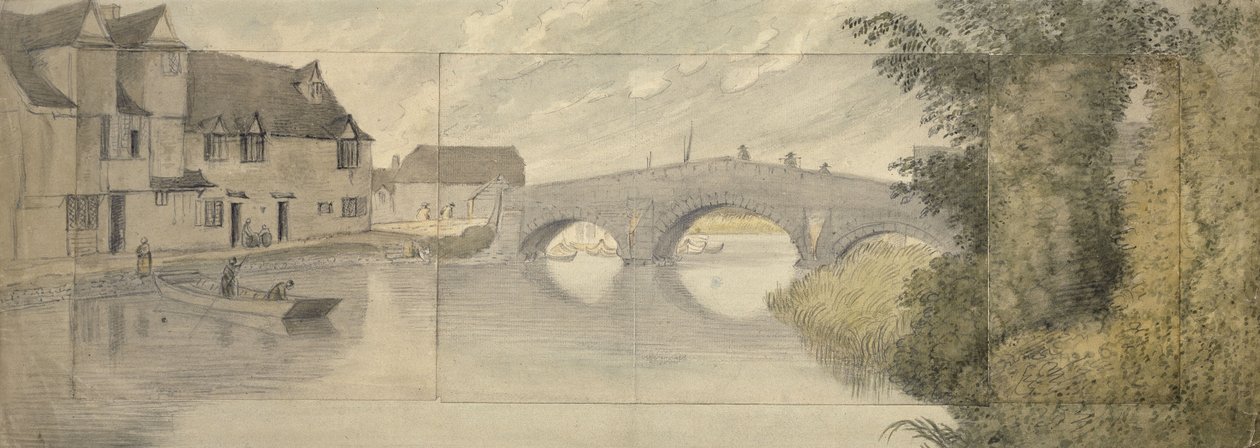 Hythe Bridge, Oxford, 1789 (akvarell over grafitt på tre papirark limt på et større ark) av John Baptist Malchair