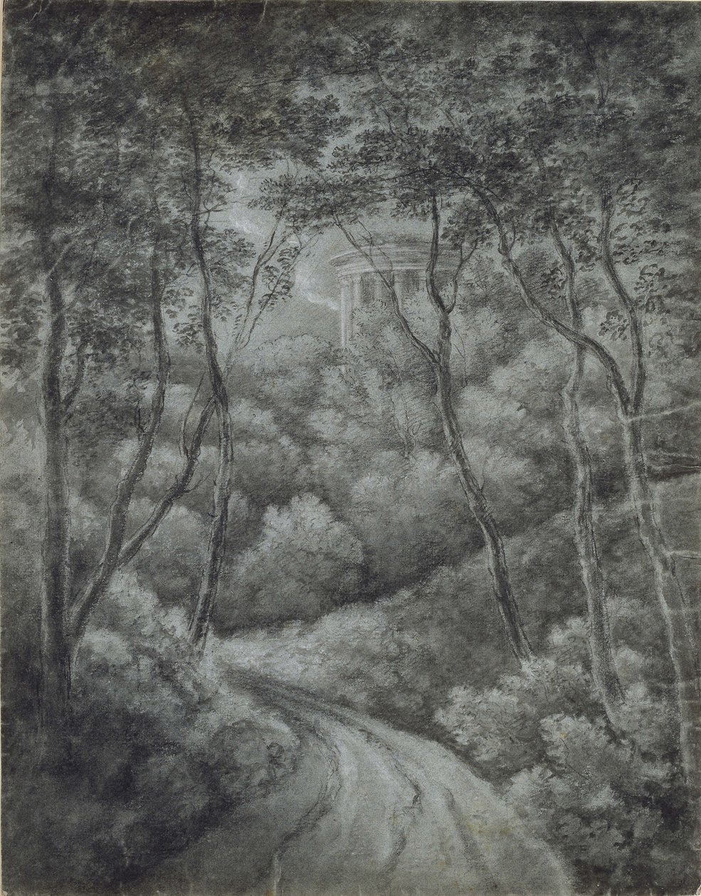 Landskap med en sti gjennom en skog og et klassisk tempel (myk grafitt og hvitt kritt på blått papir) av John Baptist Malchair
