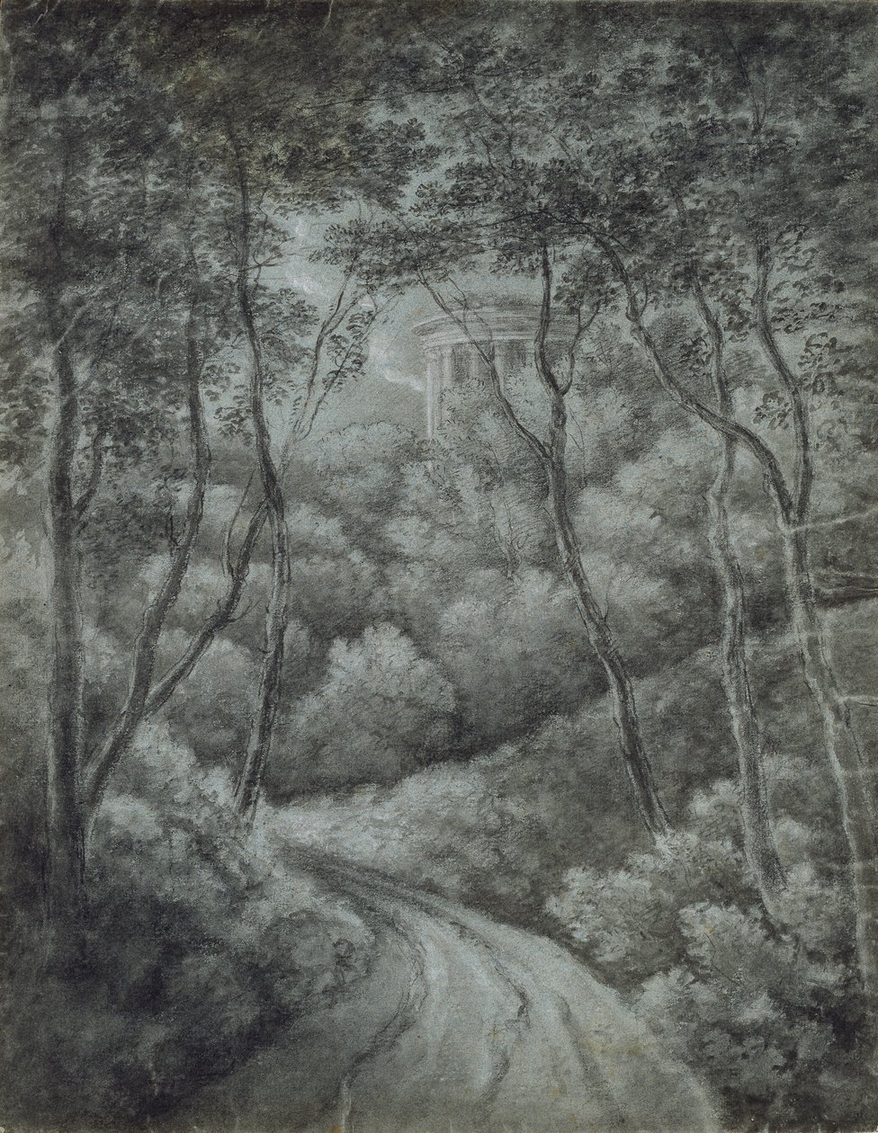 Landskap med en sti gjennom en skog og et klassisk tempel, sent på 1700-tallet. av John Baptist Malchair