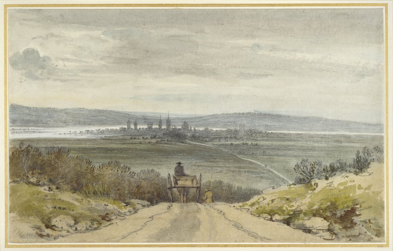 Utsikt over Oxford fra Shotover Hill i flomtid, When the Water was Out, 10. januar 1791 (wc over blyant på papir) av John Baptist Malchair