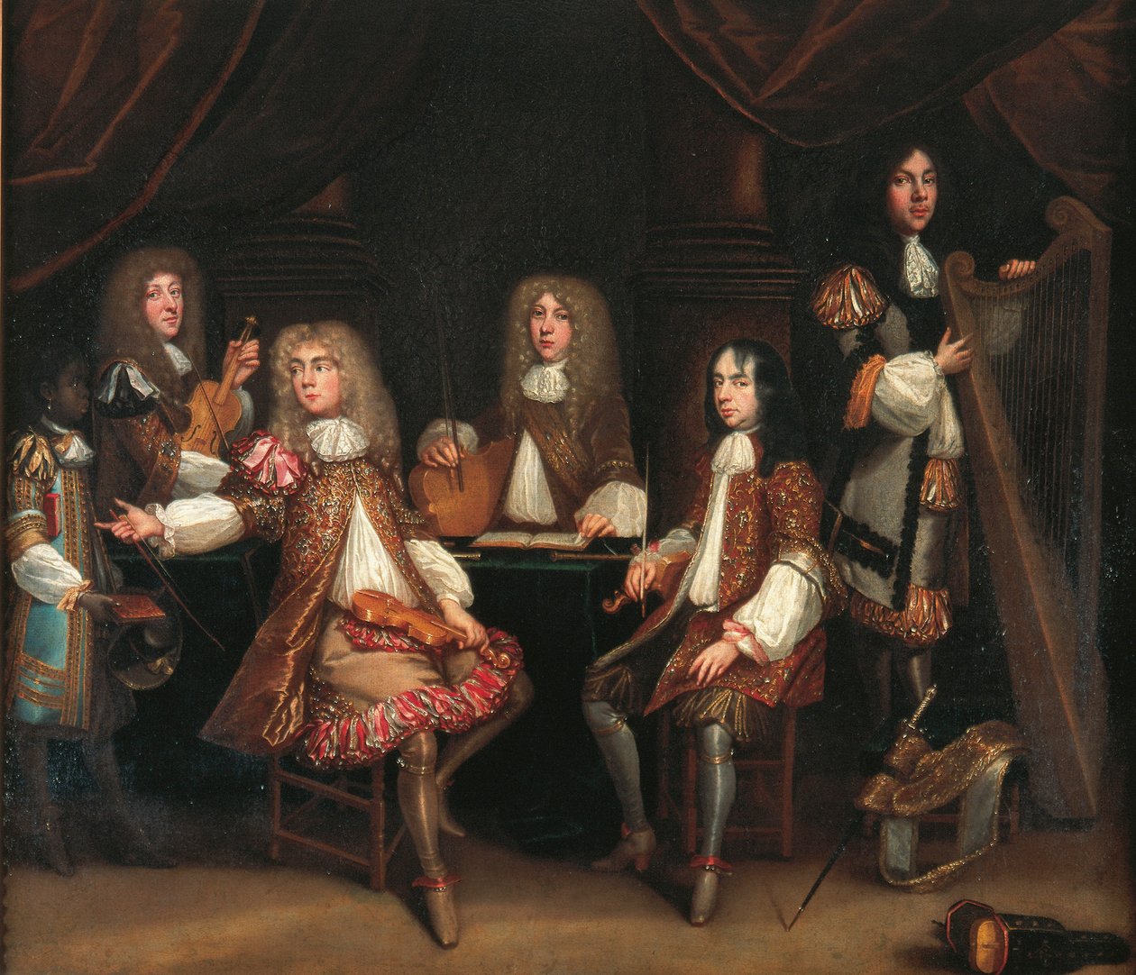 The Crimson Bedchamber, portrettgruppe av herrer med musikkinstrumenter, tradisjonelt sagt å skildre Cabal Ministry of King Charles II (olje på lerret) av John Baptist de Medina
