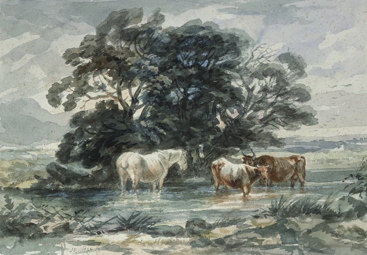 Landskap, to kyr og en hest som står i vann, (skisse) av John Barker