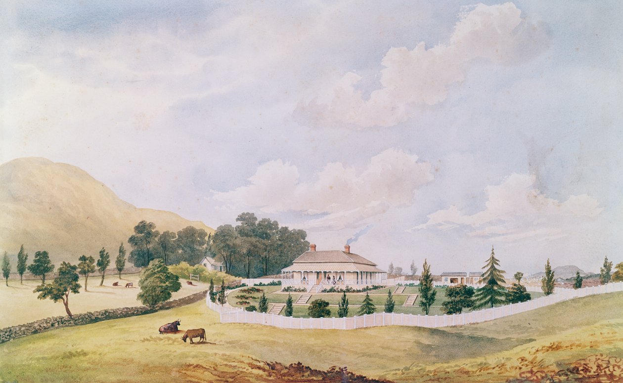 Harry Cobleys hus, Devonport, Auckland, New Zealand, bygget ca. 1867 (wc og kinesisk hvit på papir) av John Barr Clark Hoyte
