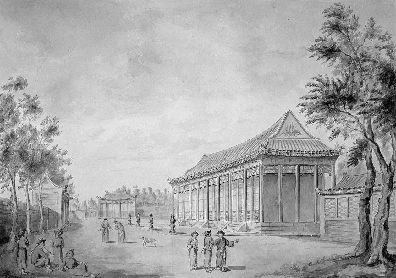 Audienshall ved det gamle sommerpalasset, Beijing, 1793 av John Barrow