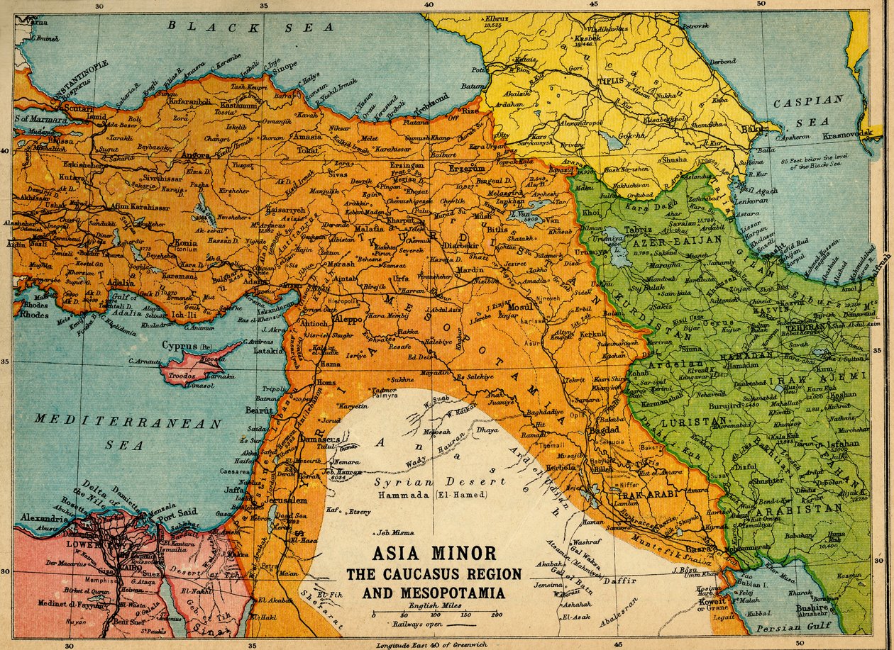 Lilleasia, Kaukasus-regionen og Mesopotamia, første verdenskrig, c1915, c1920. av John Bartholomew and Son