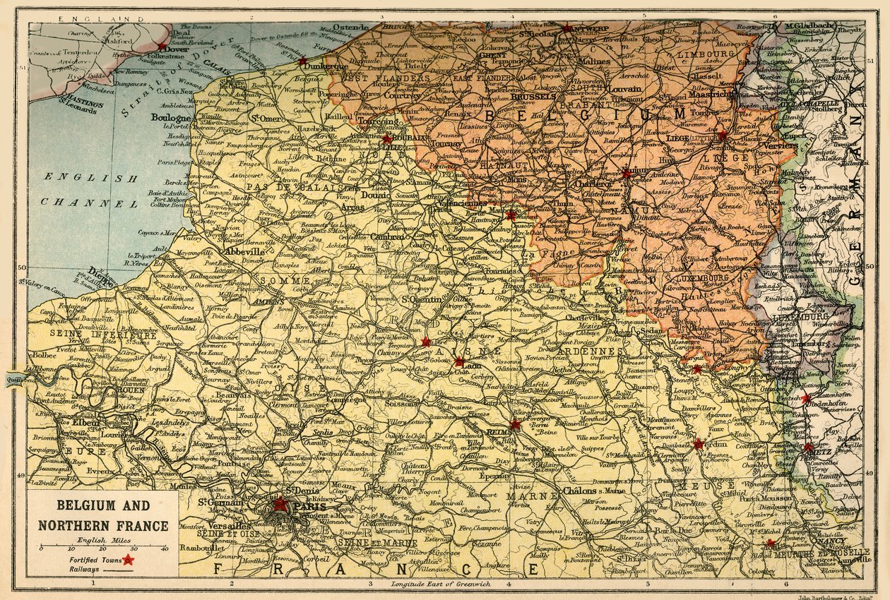 Kart over Belgia og Nord-Frankrike, c1914, c1920. av John Bartholomew and Son