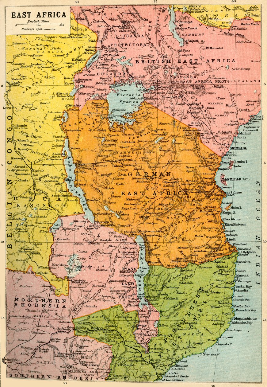 Kart over Øst-Afrika, første verdenskrig, c1920. av John Bartholomew and Son