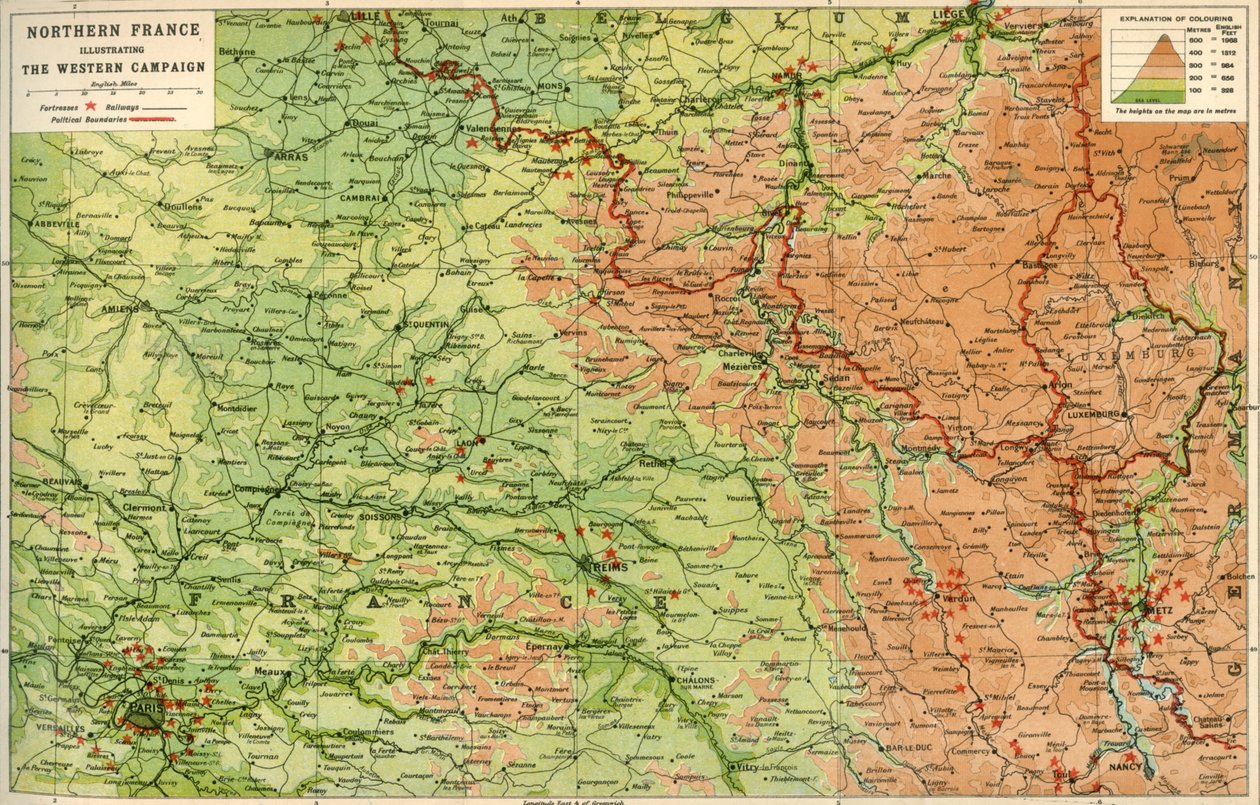 Nord-Frankrike som illustrerer den vestlige kampanjen, 1914, c1920. av John Bartholomew and Son