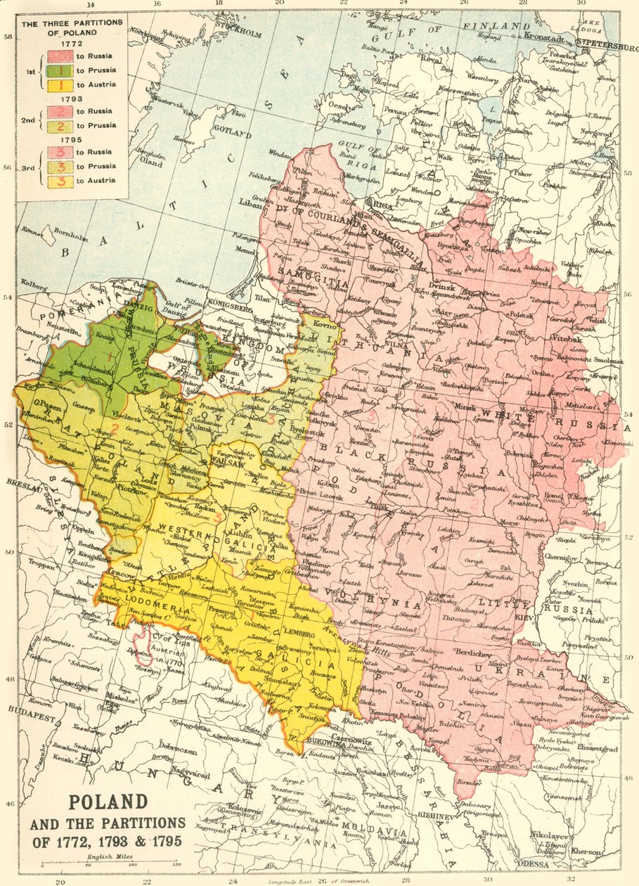 Polen og delingene fra 1772, 1793 og 1795, c1920. av John Bartholomew and Son