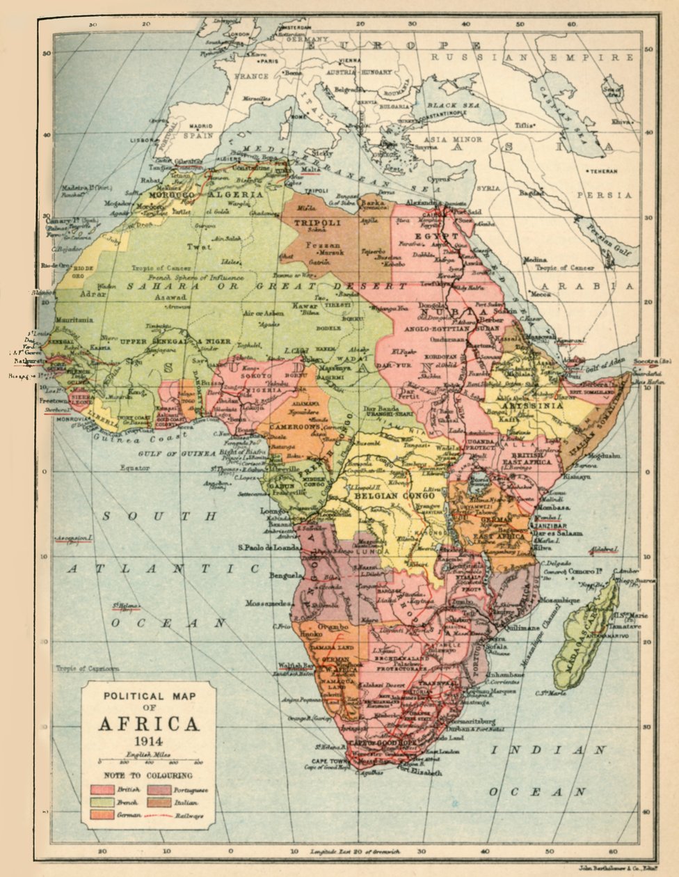 Politisk kart over Afrika, 1914, 1920. av John Bartholomew and Son