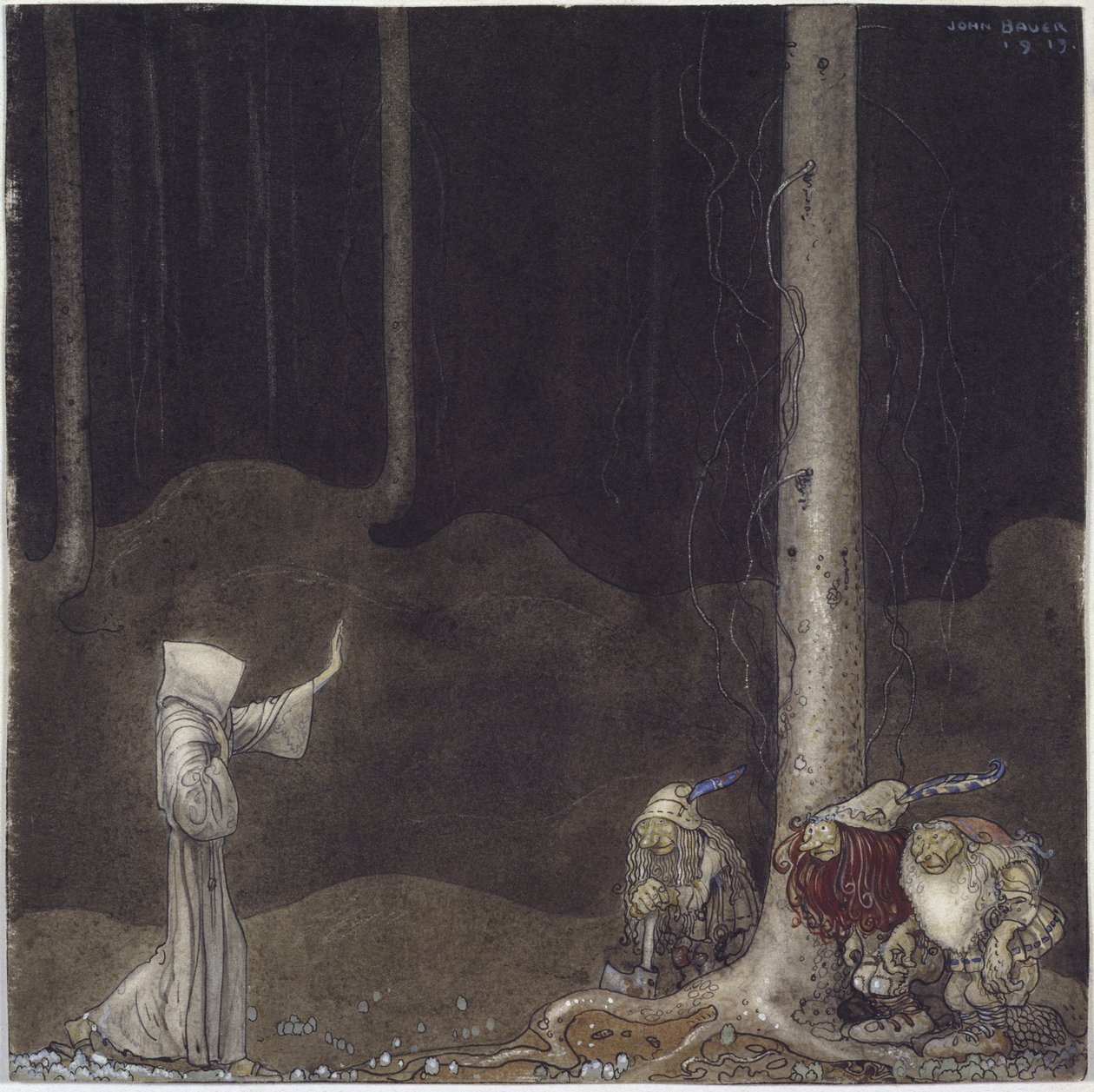 Frere Martin et les trois troll - Bror Martin og tre troll, av Bauer, John (1882-1918). Akvarell på papir av John Bauer