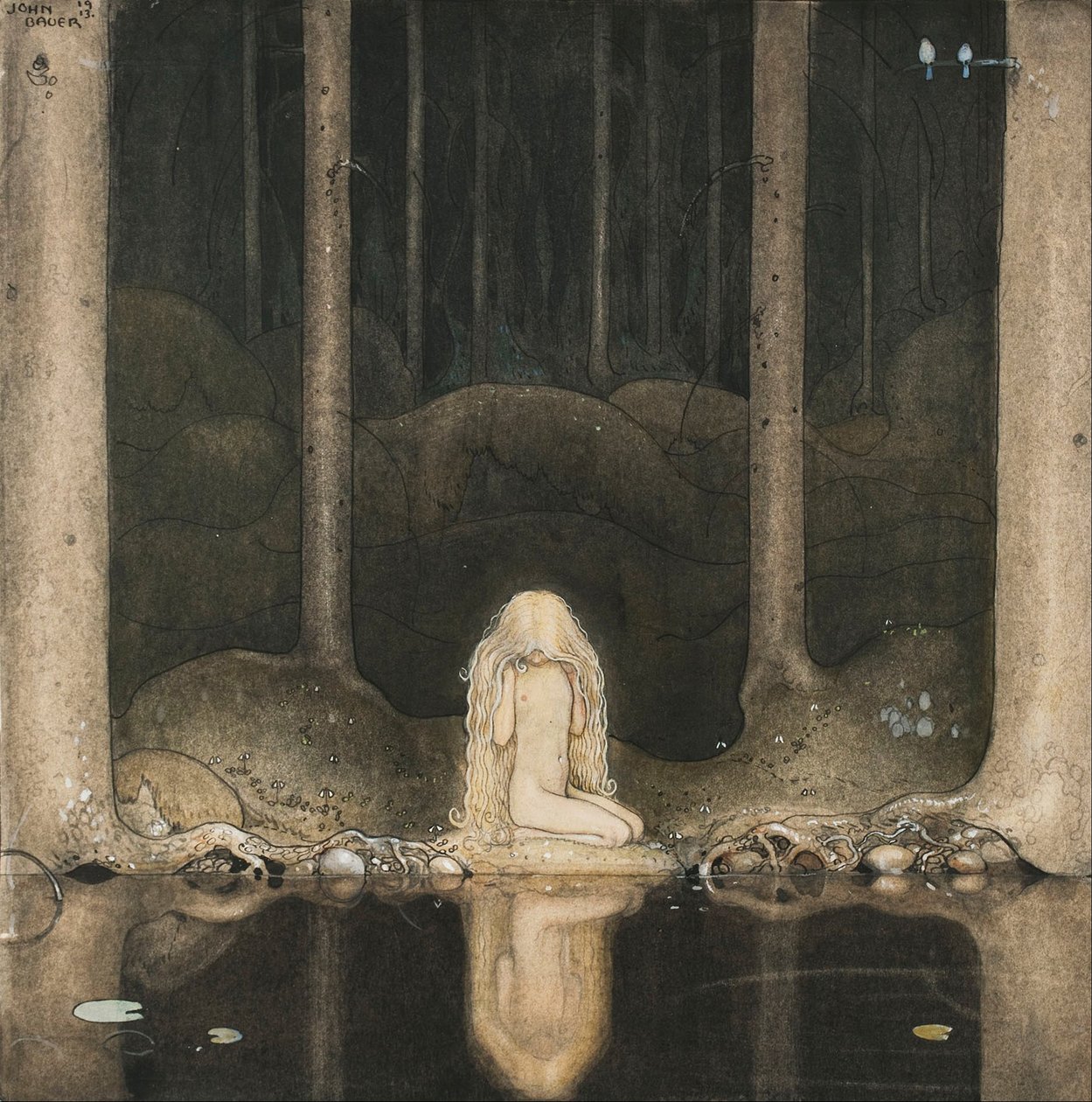 Prinsesse Tuvstarr sitter fortsatt der vemodig og ser ut i vannet, 1913 av John Bauer