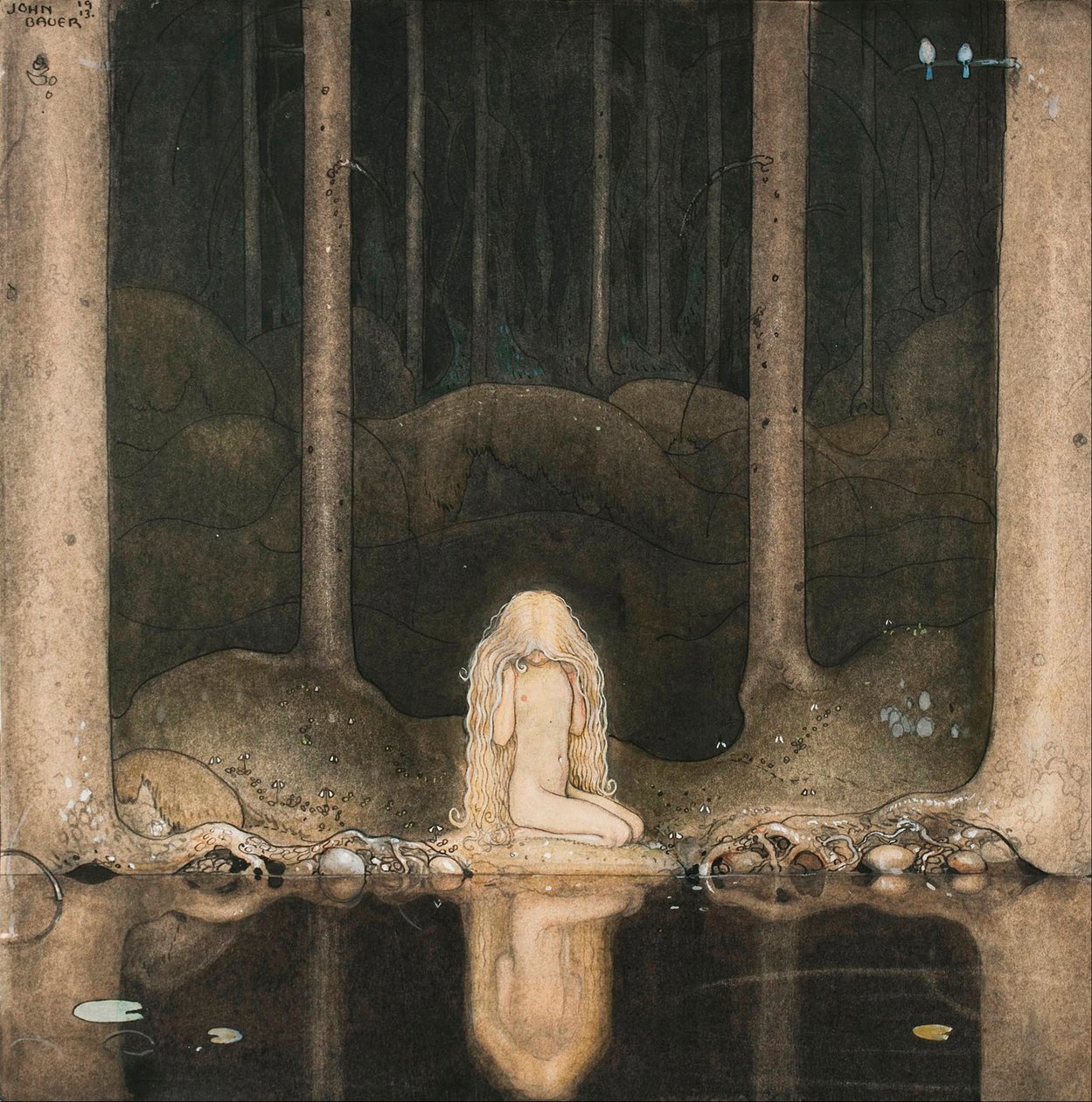 Prinsesse Tuvstarr ser på vannet i innsjøen med nostalgi av John Bauer