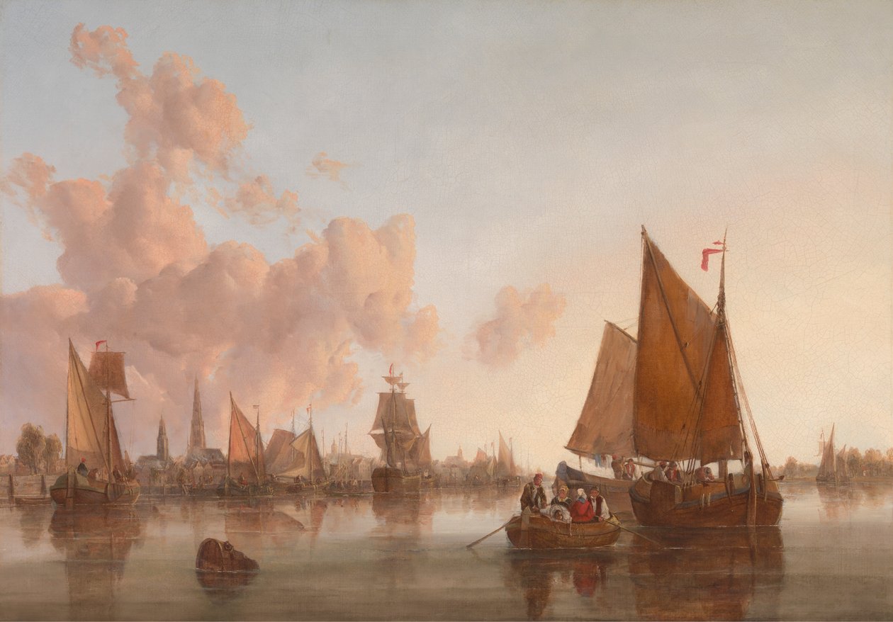 Seilbåter og lektere på en nederlandsk(?) elvemunning av John Berney Crome